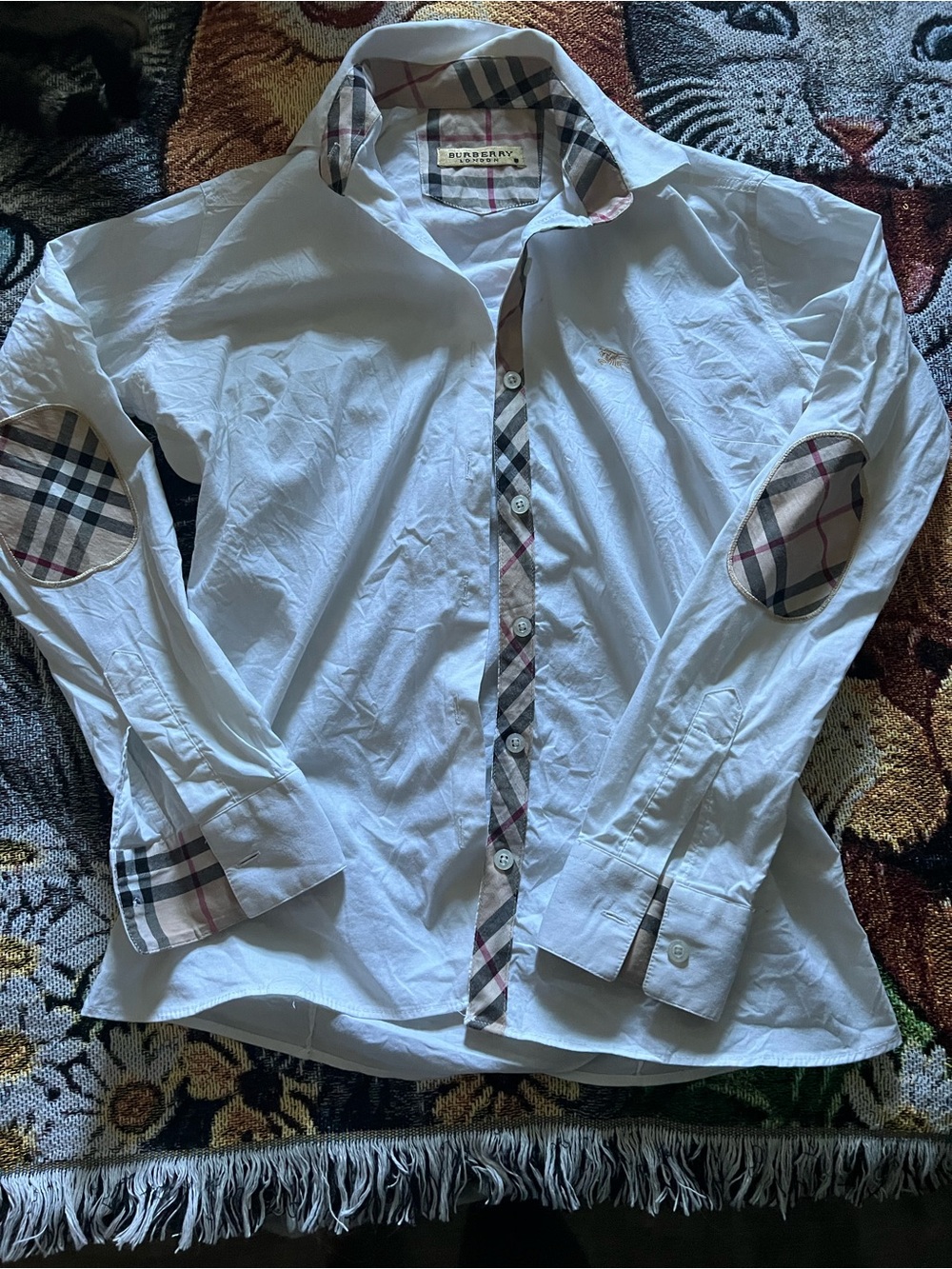 Burberry White Button-Down Shirt with Signature Check Trim